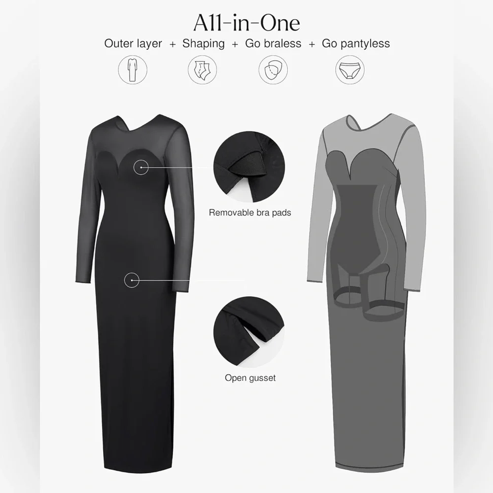 Popilush Long Sleeve Prom Maxi Dress for Women Mesh Shapewear Bodycon Dress - Picture 3 of 8